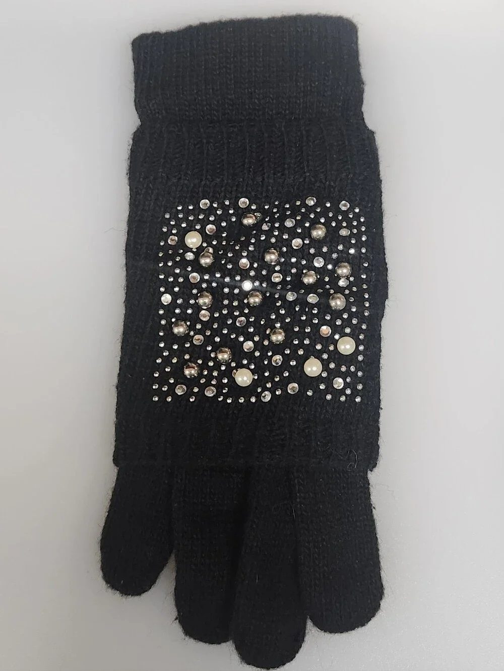 Black Gloves Embellished With Pearls , Rhinestones & Studs .